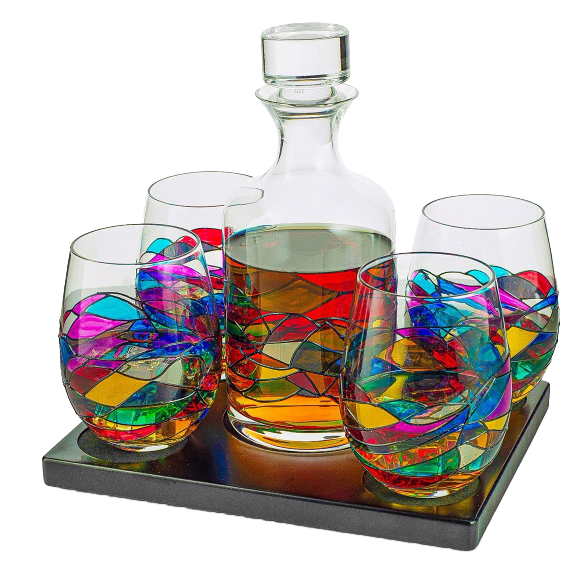 Artisanal Hand Painted Glassware Gift for Mom, Wife, Friend - Artisanal Barcelona Hand Painted Whiskey & Wine Decanter Set, Rennesance Romantic Stain-glassed Windows Glasses - Mothers Day-0