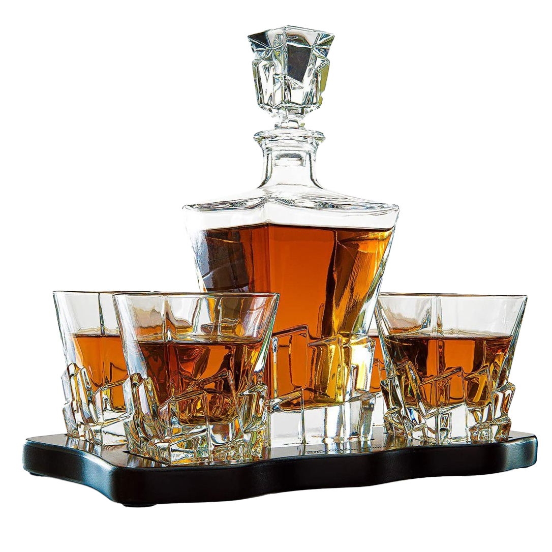 Crystal Wine and Whiskey Iceberg Mountain Glacier Decanter with 4 Glasses and Wood Tray - The Wine Savant-0