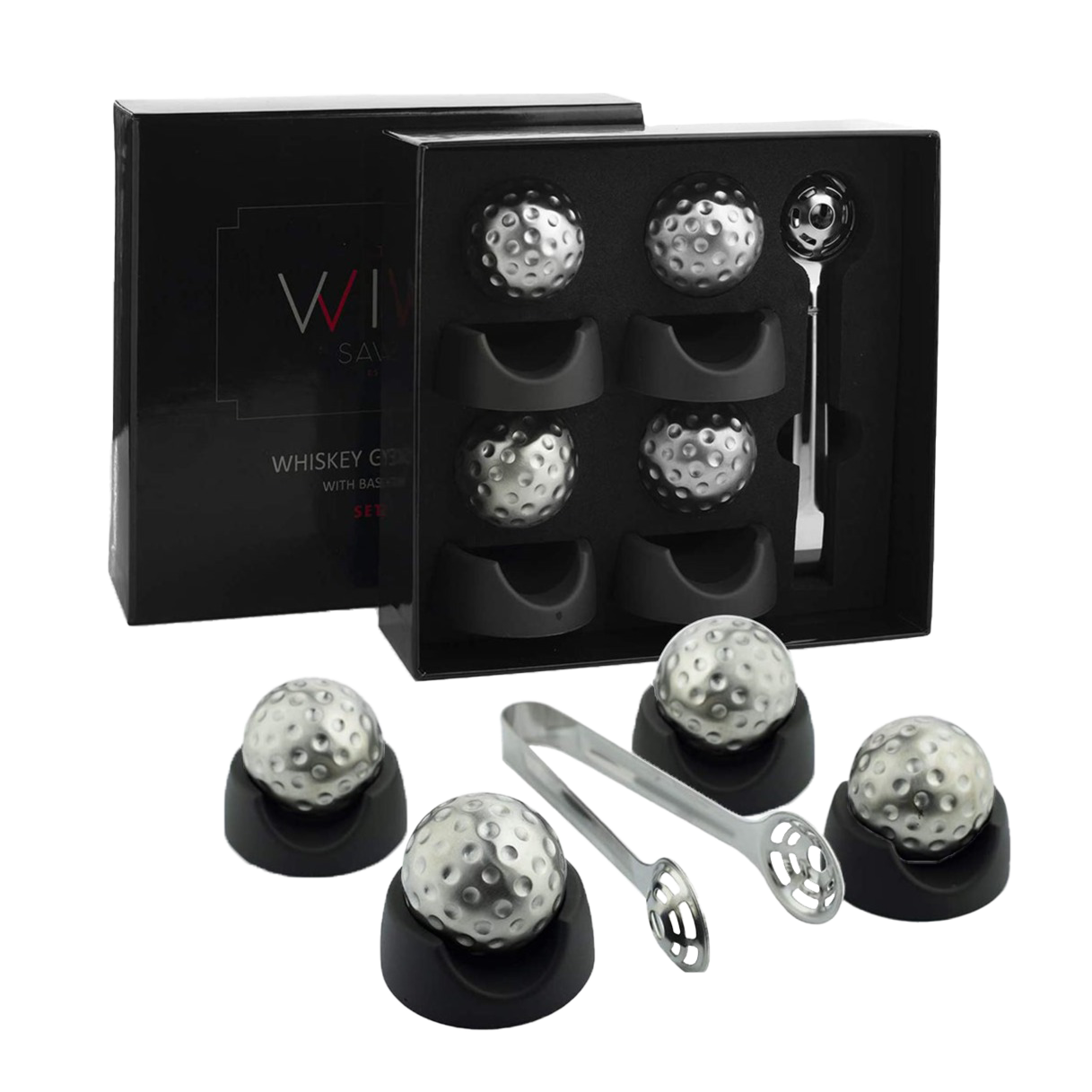 Golf Ball Shaped Stainless Steel Whiskey Stones, Whiskey Rocks, by The Wine Savant Great for Parties or for Bar Use, 4 Stones Rocks Cubes for Whiskey, Bourbon Vodka, Scotch, Metal Chillers Golf Gift-1