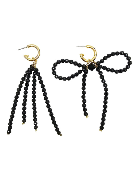 Black Obsidian Crafted Butterfly Knot And Tassel Asymmetric Earrings PE004-0