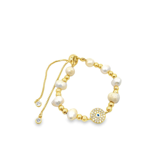 CZ Evil Eye Round Shape Fresh Water Pearl Adjustable Beaded Protection Bracelet (I602)-0