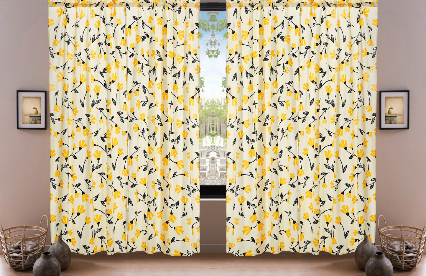 DaDa Bedding Set of 2 Botanical Floral Window Curtain Panels - Natural Semi Sheer Yellow Fleur Golden Orange Spring Time Tulips Straight Tailored Edge-3