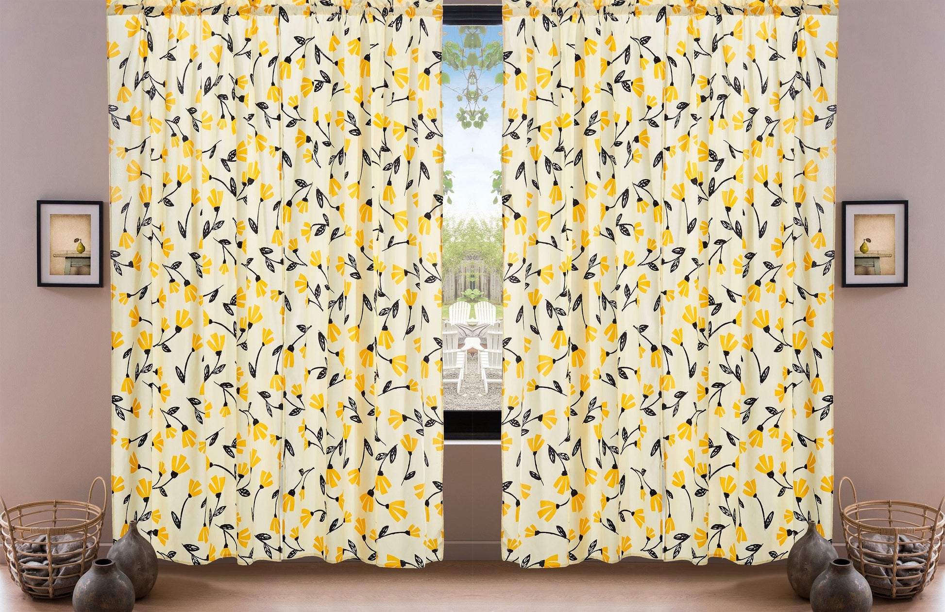 DaDa Bedding Set of 2 Botanical Floral Window Curtain Panels - Natural Semi Sheer Yellow Fleur Golden Orange Spring Time Tulips Straight Tailored Edge-3