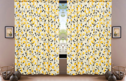 DaDa Bedding Set of 2 Botanical Floral Window Curtain Panels - Natural Semi Sheer Yellow Fleur Golden Orange Spring Time Tulips Straight Tailored Edge-3