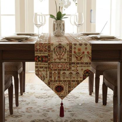 DaDalogy Bedding Cottage Mughal Floral Woven Tapestry Table Runner, Light Fleur White Botanical Vintage (18196)-0