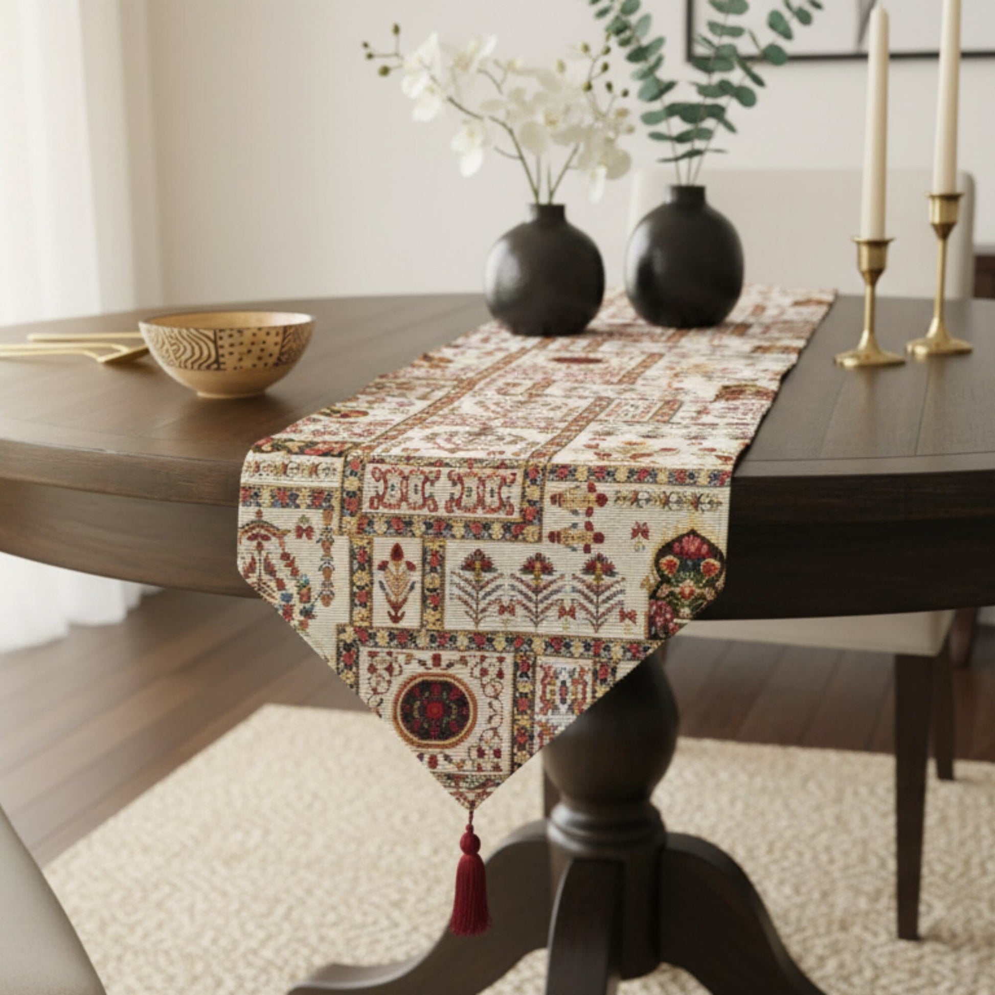 DaDalogy Bedding Cottage Mughal Floral Woven Tapestry Table Runner, Light Fleur White Botanical Vintage (18196)-1