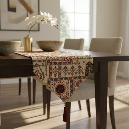 DaDalogy Bedding Cottage Mughal Floral Woven Tapestry Table Runner, Light Fleur White Botanical Vintage (18196)-2