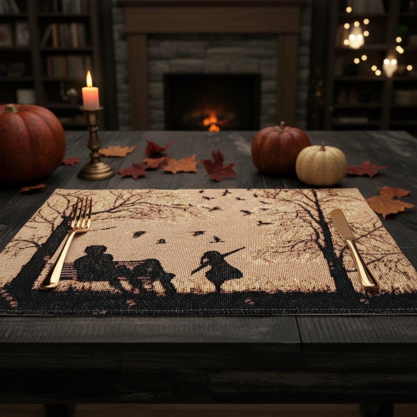 DaDalogy Bedding Set of 4 Pieces Autumn Birds Blessing Tapestry Dining Placemats 13” x 19” (Halloween)-2