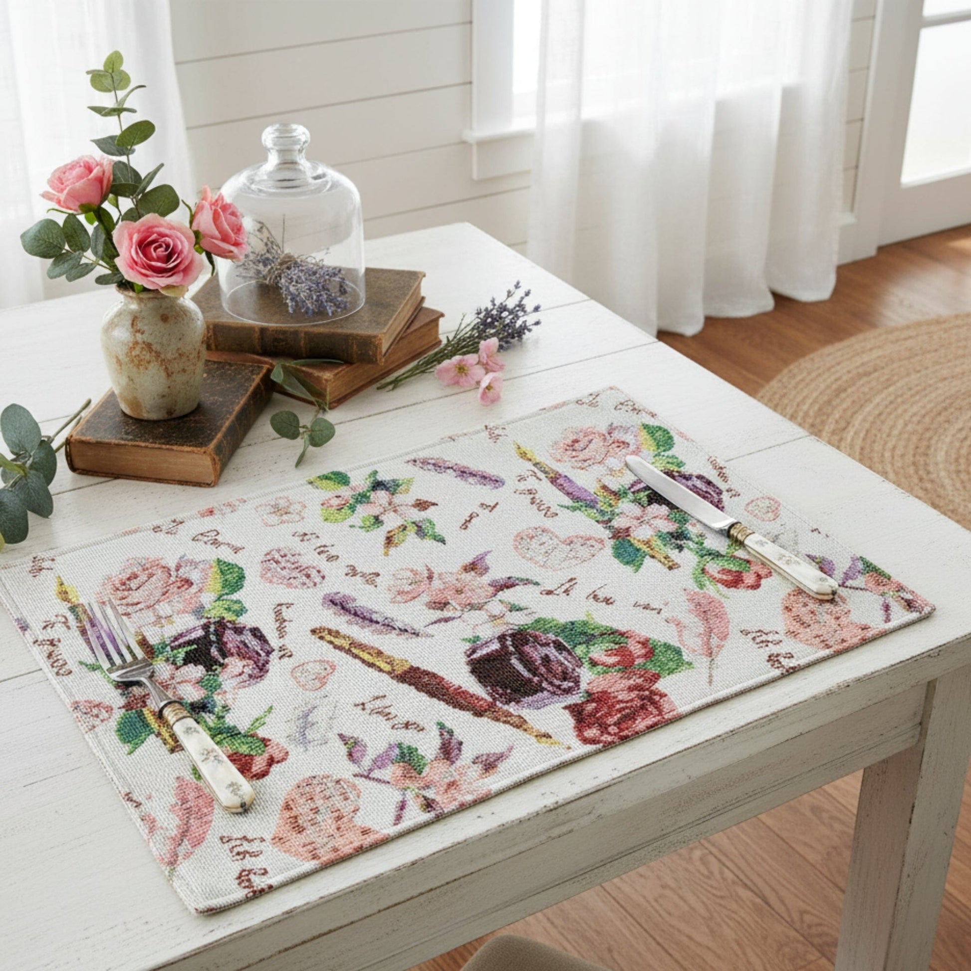 DaDa Bedding Set of 4-Pieces Sweet Love Notes Pink Floral Tapestry Dining Table Placemats 13” x 19”-2