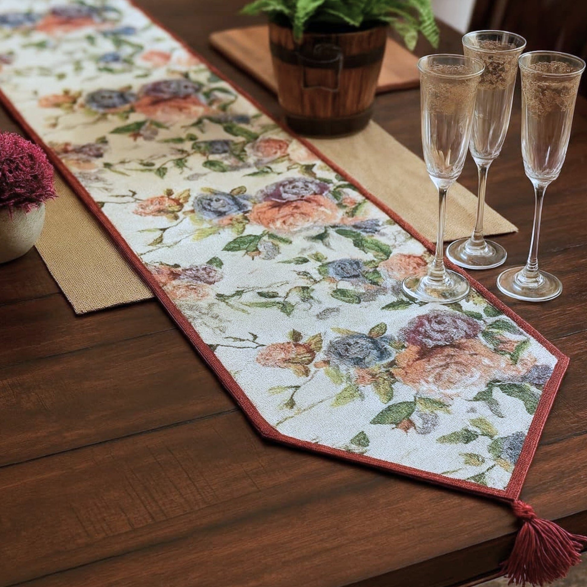 DaDa Bedding Vintage Romantic Roses Lovely Pink Floral Woven Tapestry Dining Table Runner (879)-2