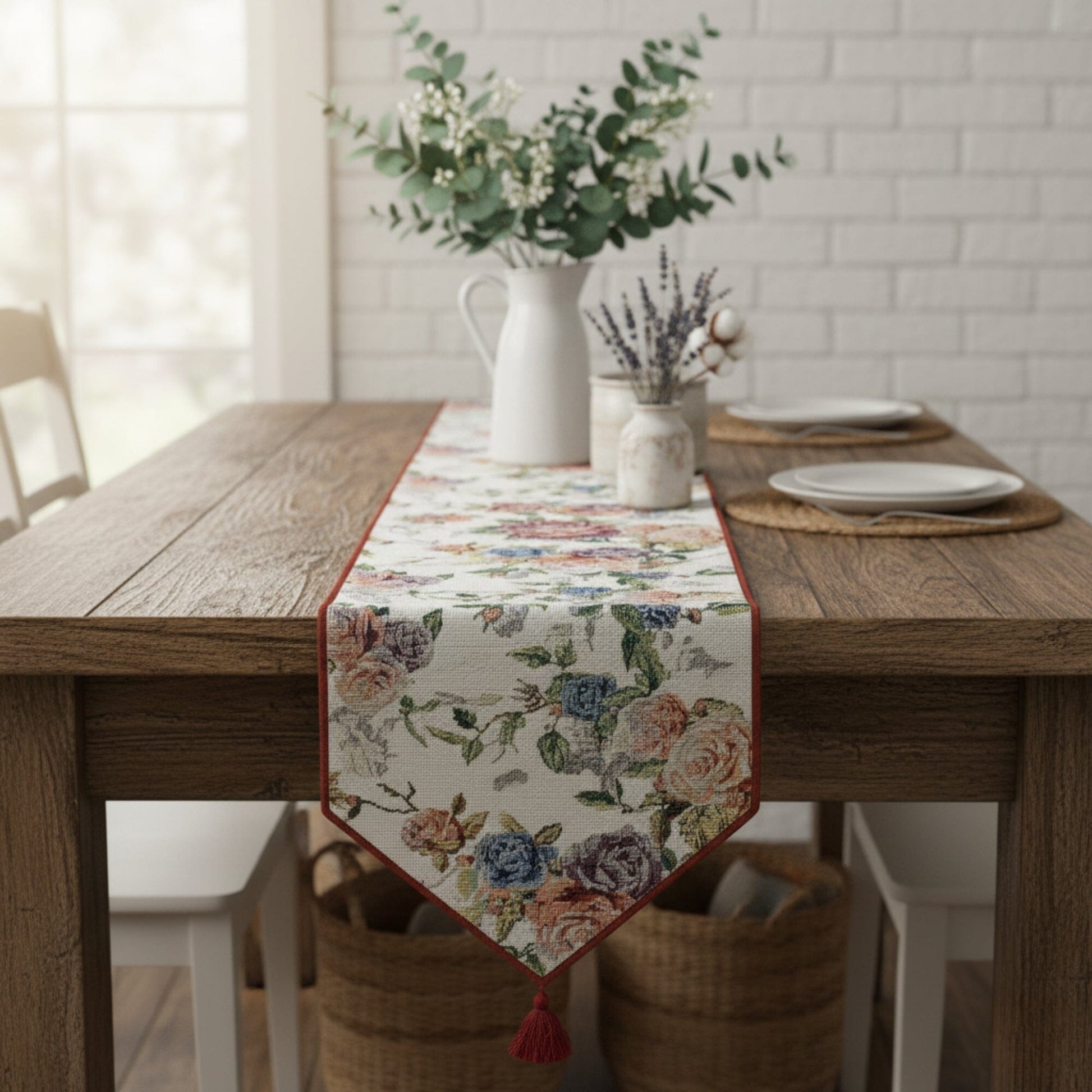 DaDa Bedding Vintage Romantic Roses Lovely Pink Floral Woven Tapestry Dining Table Runner (879)-0