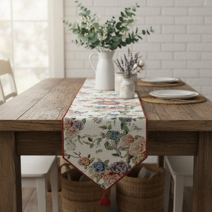 DaDa Bedding Vintage Romantic Roses Lovely Pink Floral Woven Tapestry Dining Table Runner (879)-0