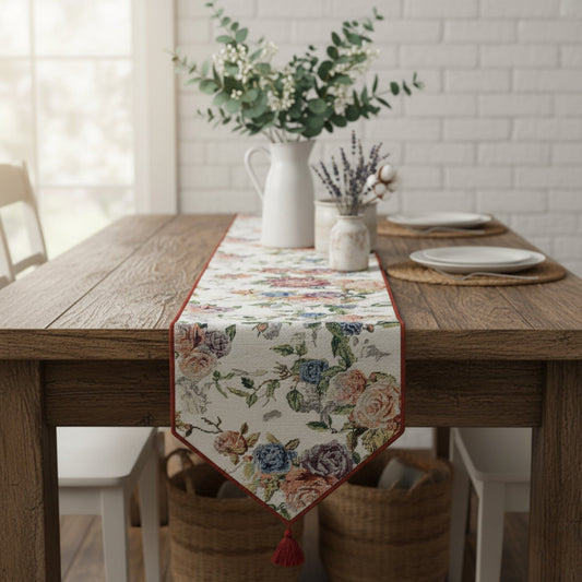 DaDa Bedding Vintage Romantic Roses Lovely Pink Floral Woven Tapestry Dining Table Runner (879)-0