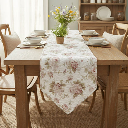 DaDa Bedding Hint of Mint Cottage Floral Roses Quilted Cotton Dining Table Runner (3036)-0