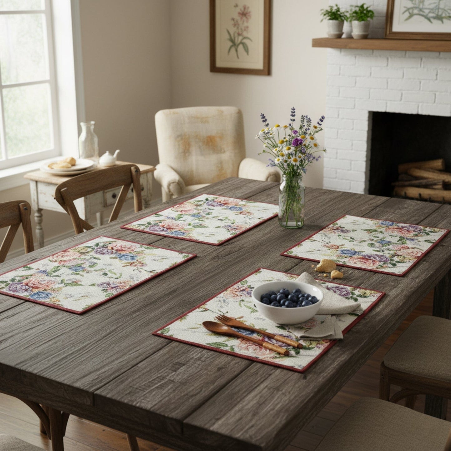 DaDa Bedding Set of 4-Pieces Vintage Romantic Roses Lovely Pink Floral Tapestry Placemats 13” x 19” (879)-3