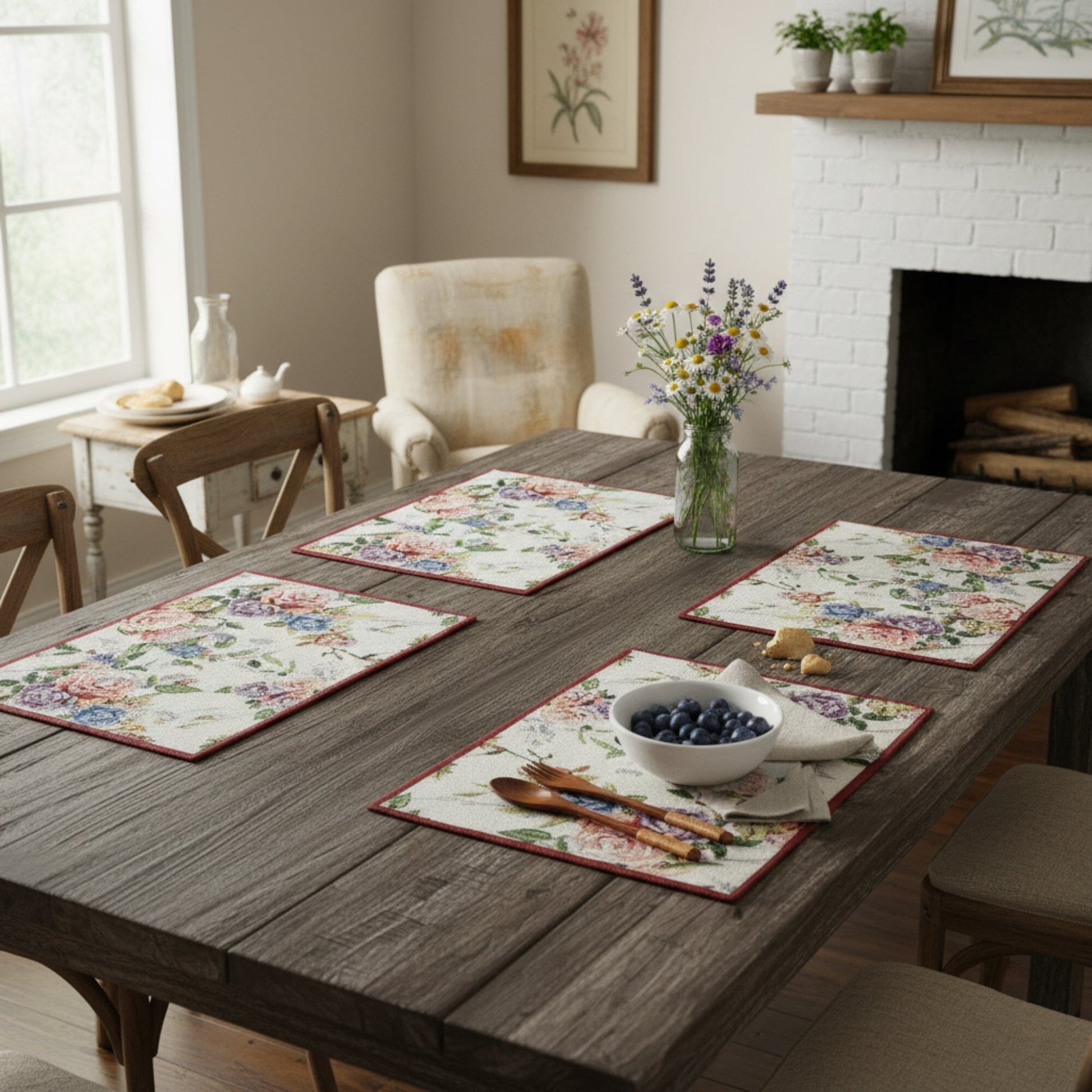 DaDa Bedding Set of 4-Pieces Vintage Romantic Roses Lovely Pink Floral Tapestry Placemats 13” x 19” (879)-3