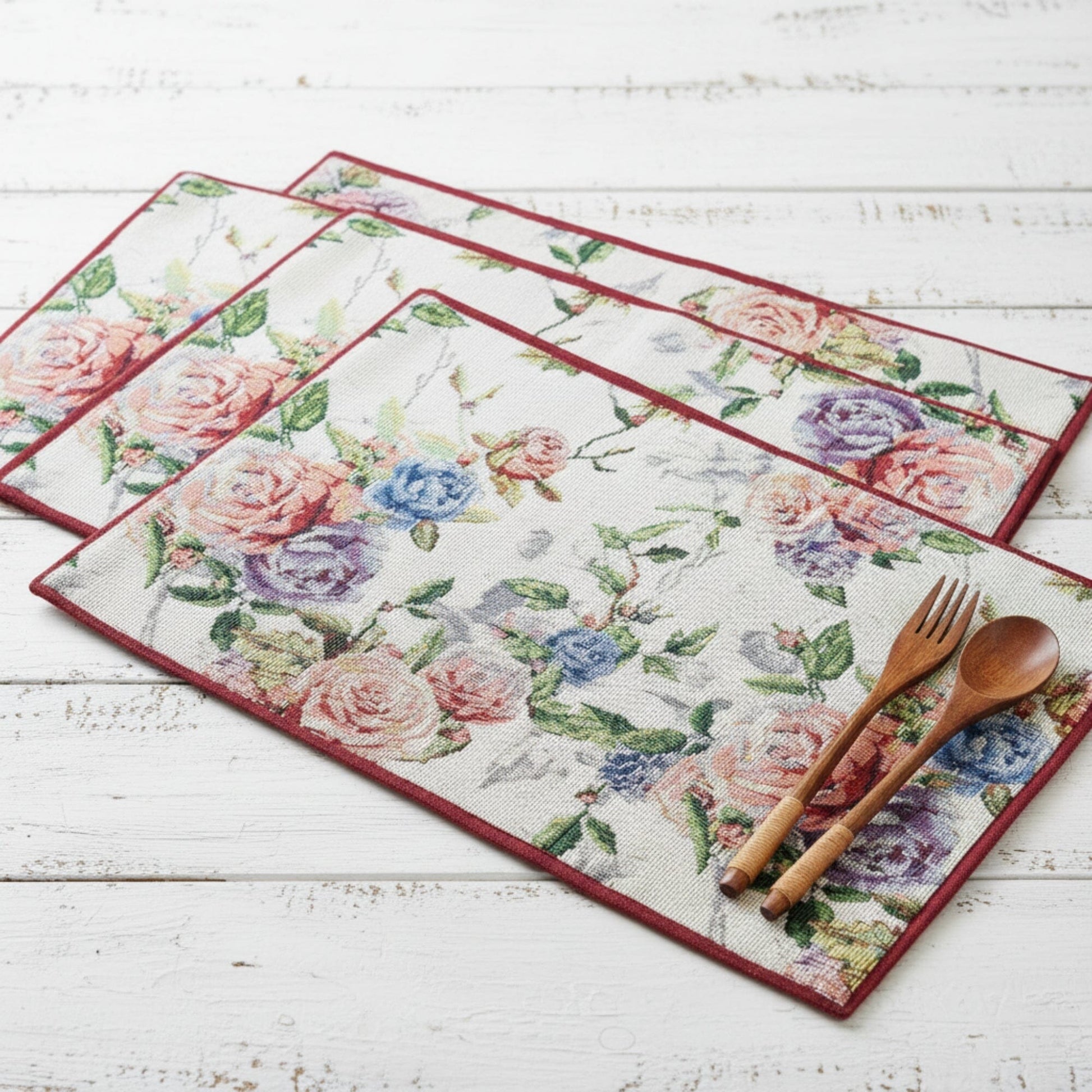DaDa Bedding Set of 4-Pieces Vintage Romantic Roses Lovely Pink Floral Tapestry Placemats 13” x 19” (879)-0