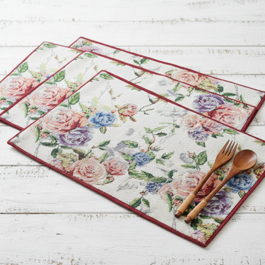 DaDa Bedding Set of 4-Pieces Vintage Romantic Roses Lovely Pink Floral Tapestry Placemats 13” x 19” (879)-0