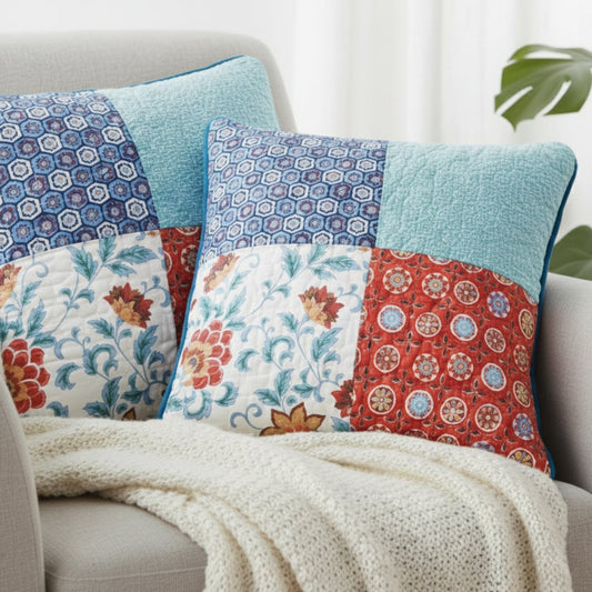 DaDa Bedding Set of 2-Pieces Bohemian Vibes Patchwork Floral Throw Pillow Covers, 18" x 18" (JHW878)-0