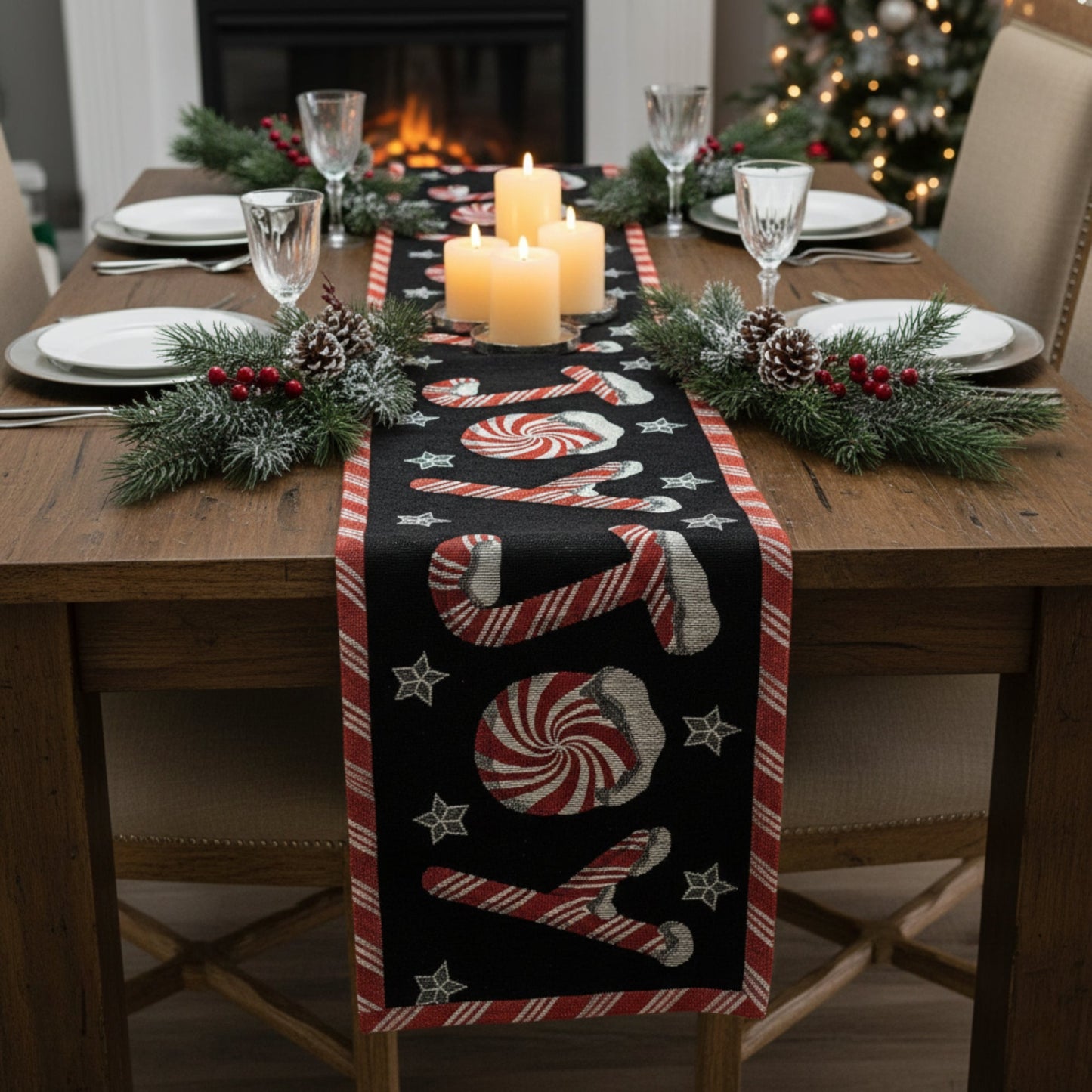DaDa Bedding Peppermint Joy Red Black Holiday Tapestry Dining Table Runner (12904)-0