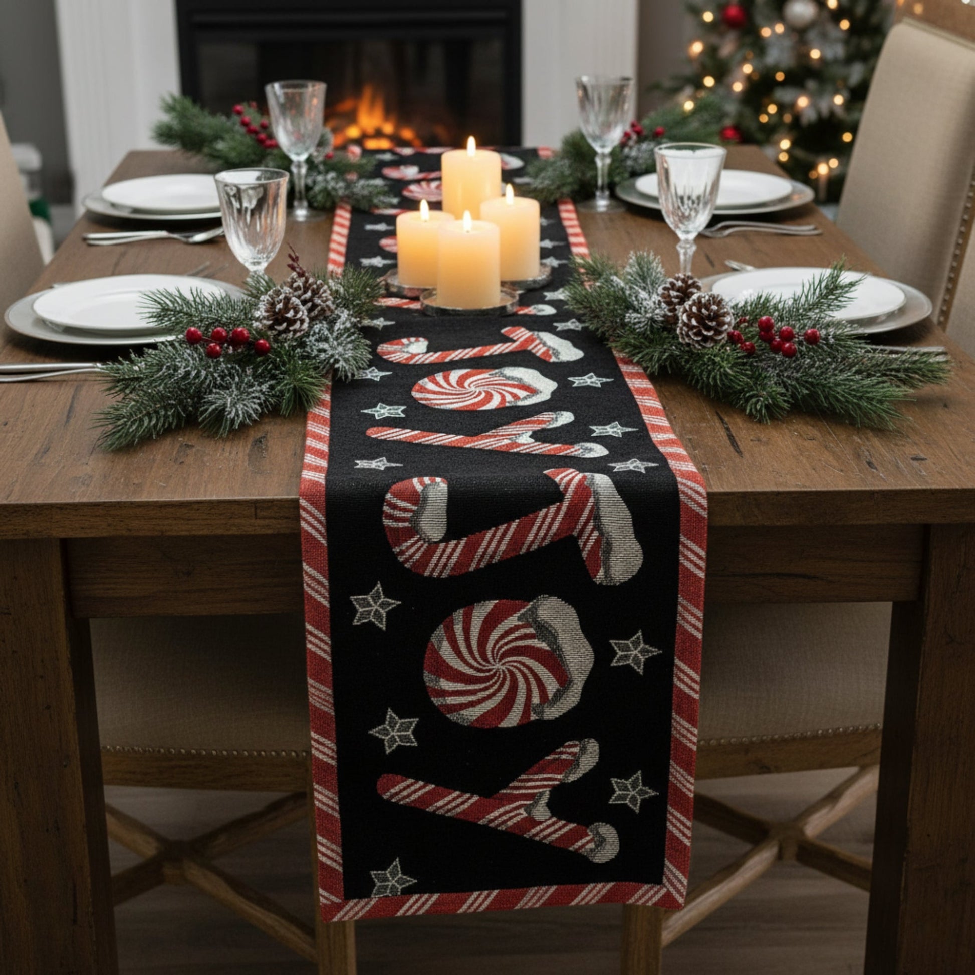 DaDa Bedding Peppermint Joy Red Black Holiday Tapestry Dining Table Runner (12904)-0
