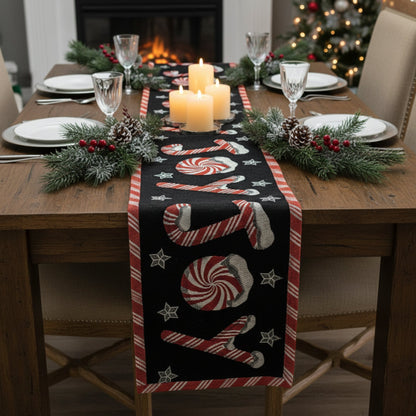 DaDa Bedding Peppermint Joy Red Black Holiday Tapestry Dining Table Runner (12904)-0