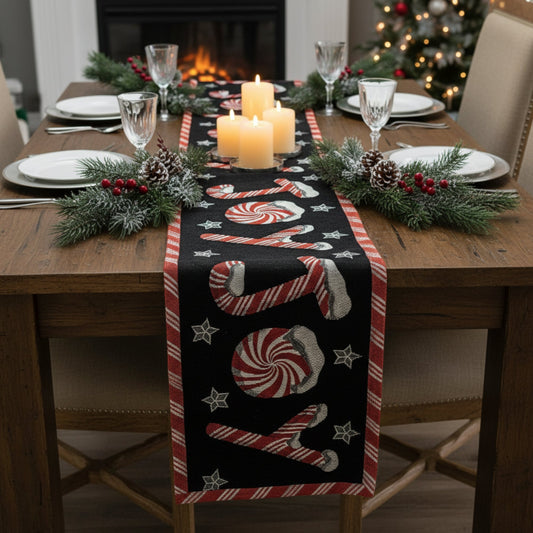 DaDa Bedding Peppermint Joy Red Black Holiday Tapestry Dining Table Runner (12904)-0