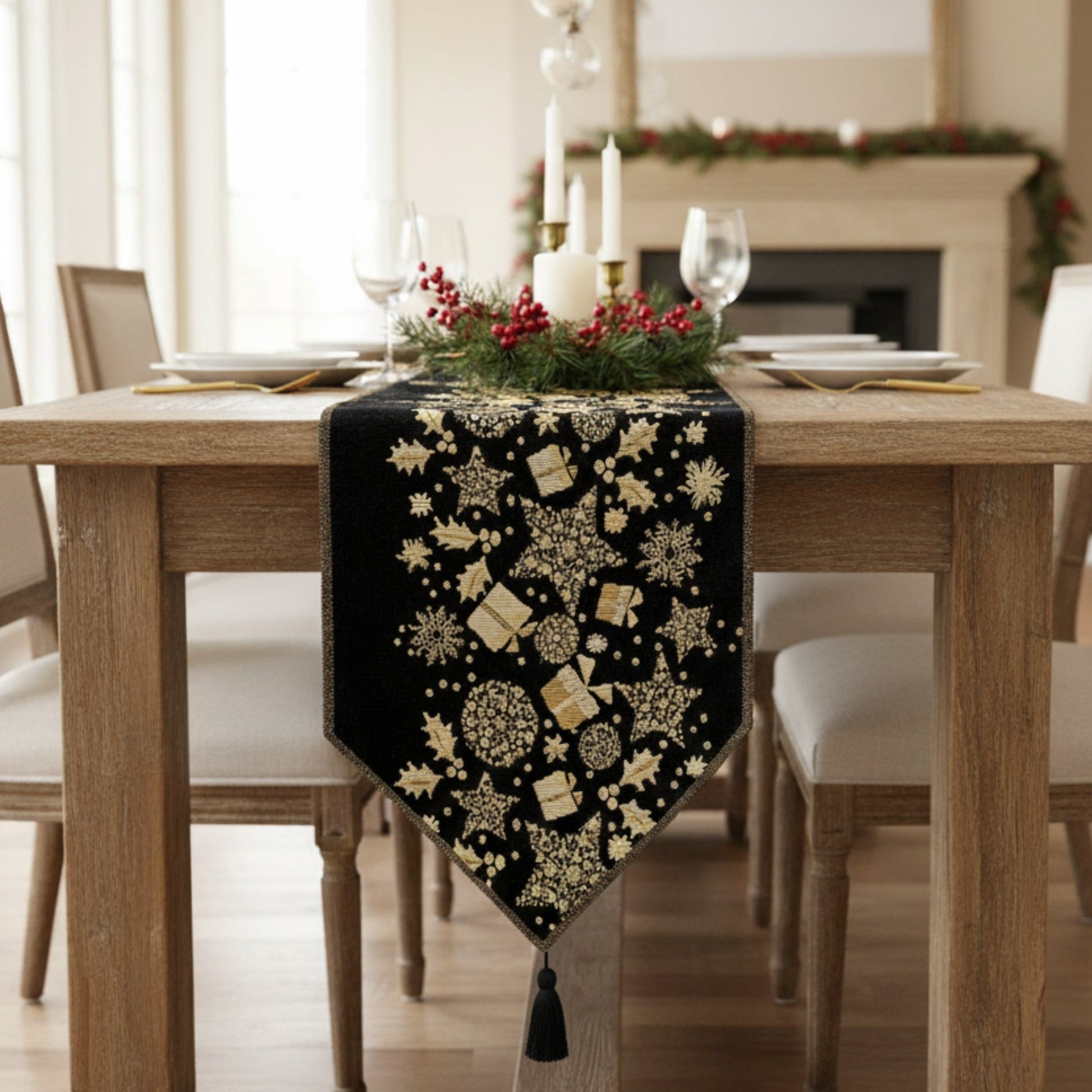 DaDa Bedding Magical Golden Reindeer Woven Tapestry Dining Table Runner (18272)-0