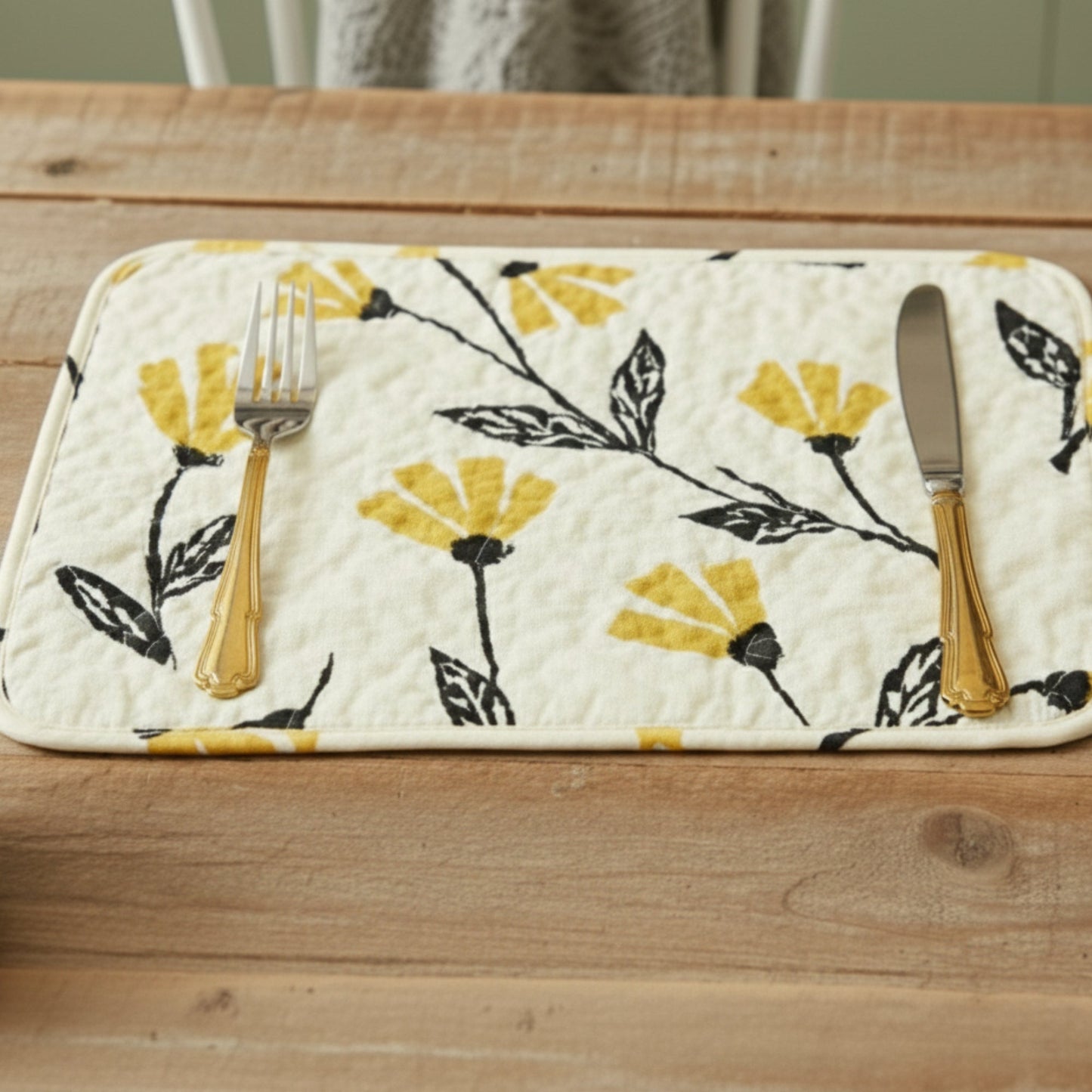 DaDa Bedding Botanical Floral Dining Table Placemats - Set of 4-Pieces Quilted Ivory with Yellow Fleur Golden Orange Spring Time Tulips - 13 x 19-0