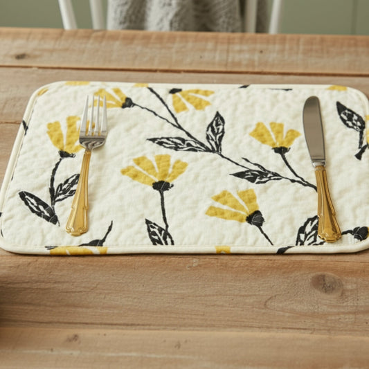 DaDa Bedding Botanical Floral Dining Table Placemats - Set of 4-Pieces Quilted Ivory with Yellow Fleur Golden Orange Spring Time Tulips - 13 x 19-0