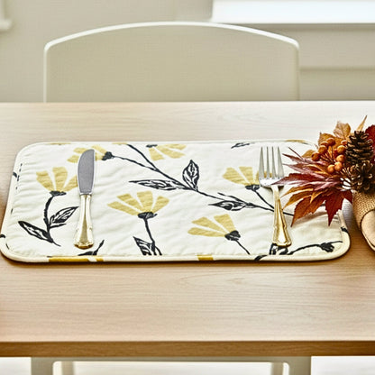 DaDa Bedding Botanical Floral Dining Table Placemats - Set of 4-Pieces Quilted Ivory with Yellow Fleur Golden Orange Spring Time Tulips - 13 x 19-1