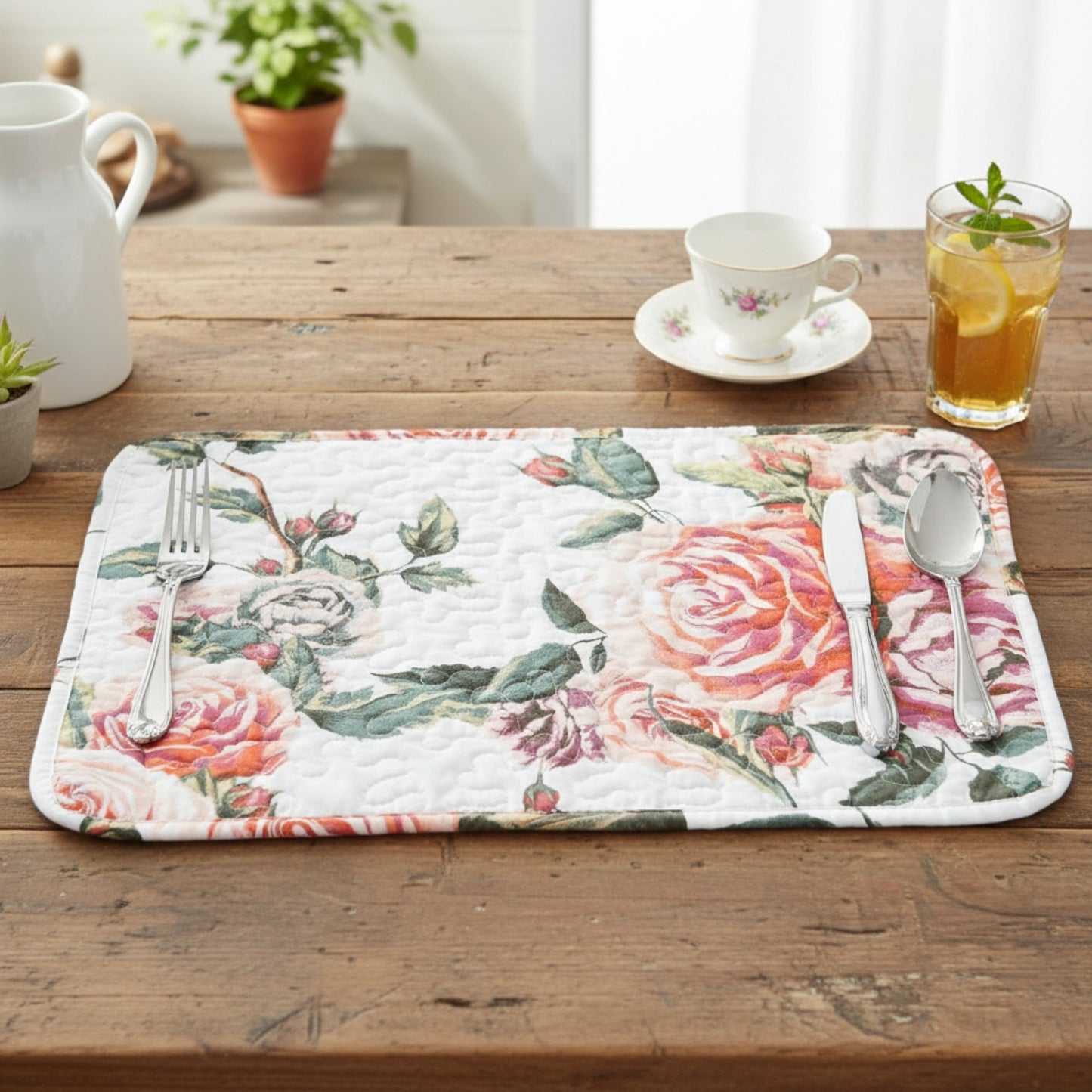 DaDa Bedding Set of 4-Pieces Romantic Roses Pink Floral Quilted Dining Placemats 13” x 19” (879)-0