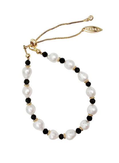 Freshwater Pearls With Black Obsidian Adjustable Bracelet PB001-0