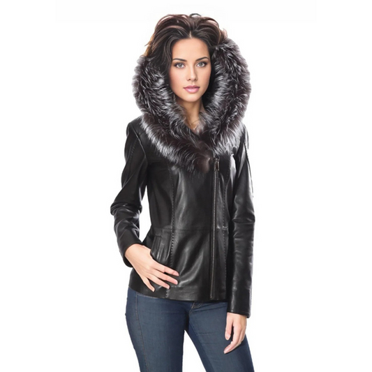 Cidra Womens Real Silver Fox Fur Hooded Leather Jacket-0