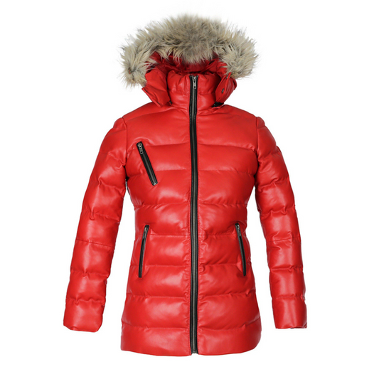 Womens Selina Puffer Leather Jacket with Fur Hoodie (Red)-0