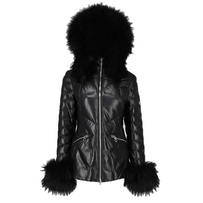 Mardi Gras Womens Fur Hooded Leather Jacket-0