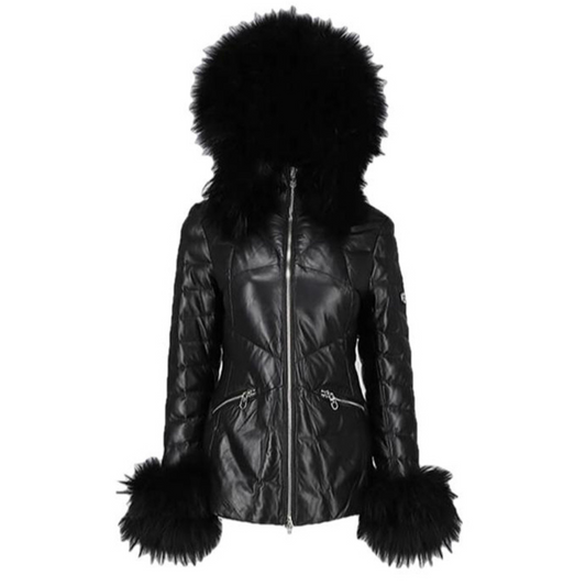 Mardi Gras Womens Fur Hooded Leather Jacket-0
