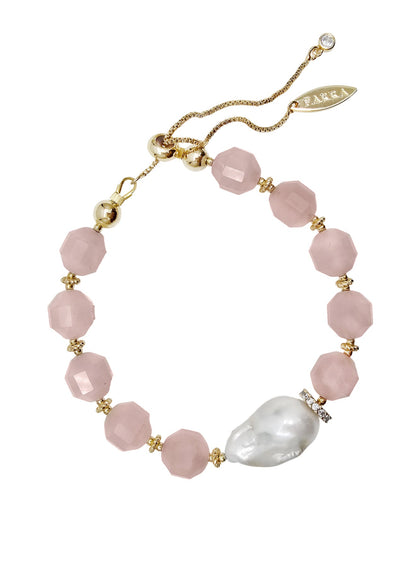 Faceted Rose Quartz With Baroque Pearl Adjustable Bracelet PB015-0