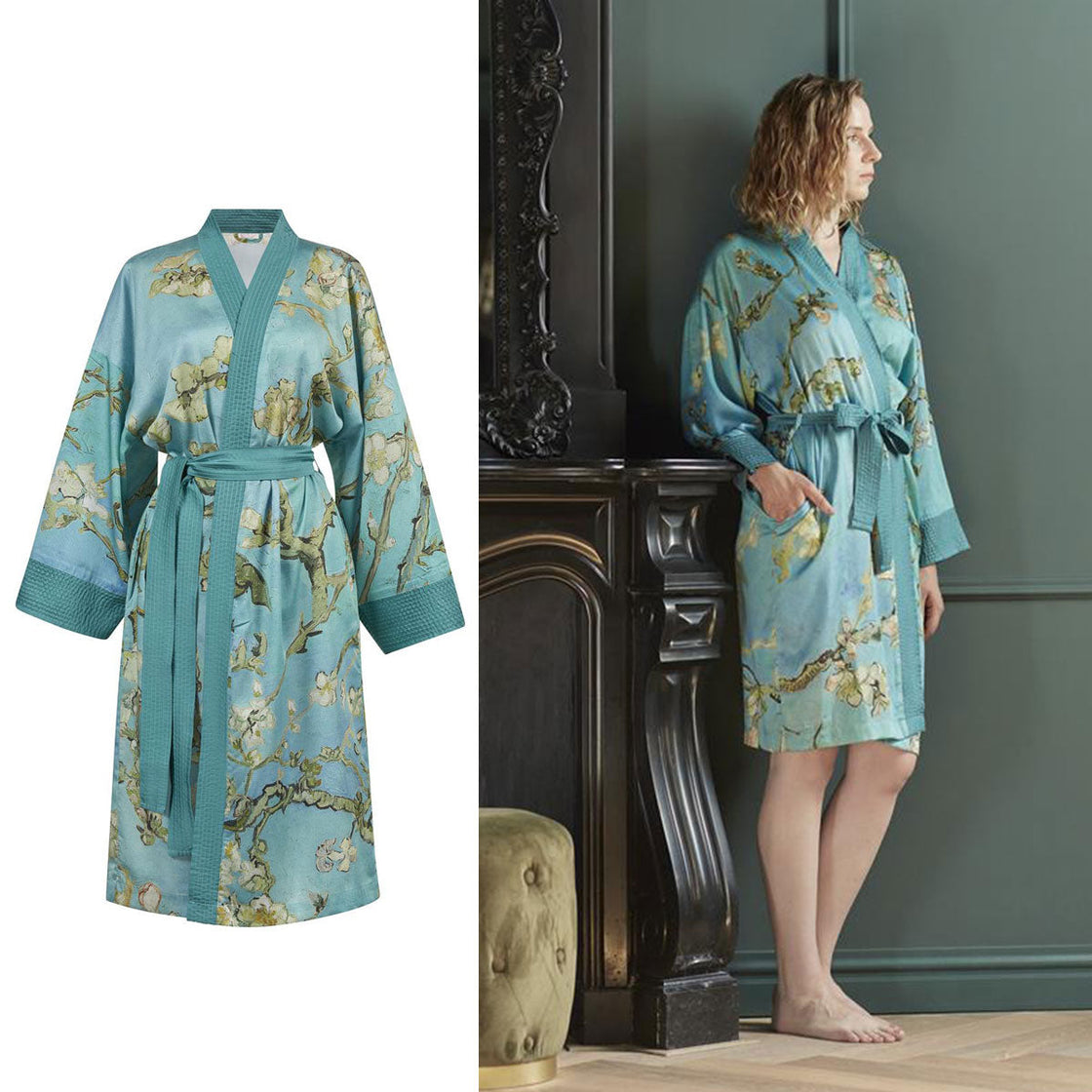 NNEDSZ Bedding House Van Gogh Almond Blossom Blue Kimono Bath Robe Small/Medium-0