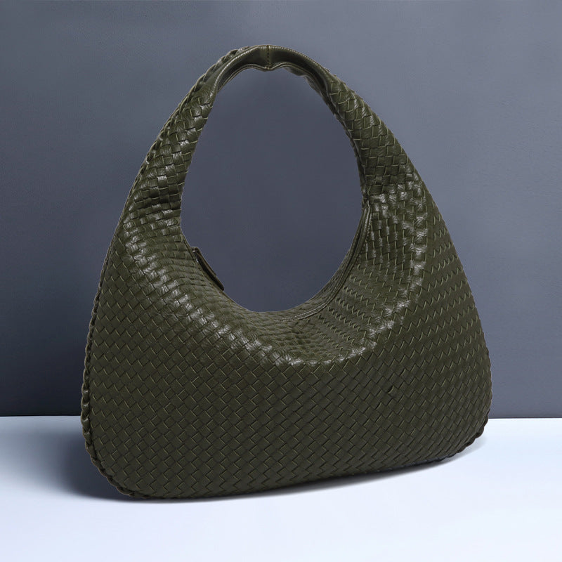 NNEDSZ Army Green Elegant Woven PU Leather Hobo Bag - Stylish Large-Capacity Shoulder Handbag for Women-0