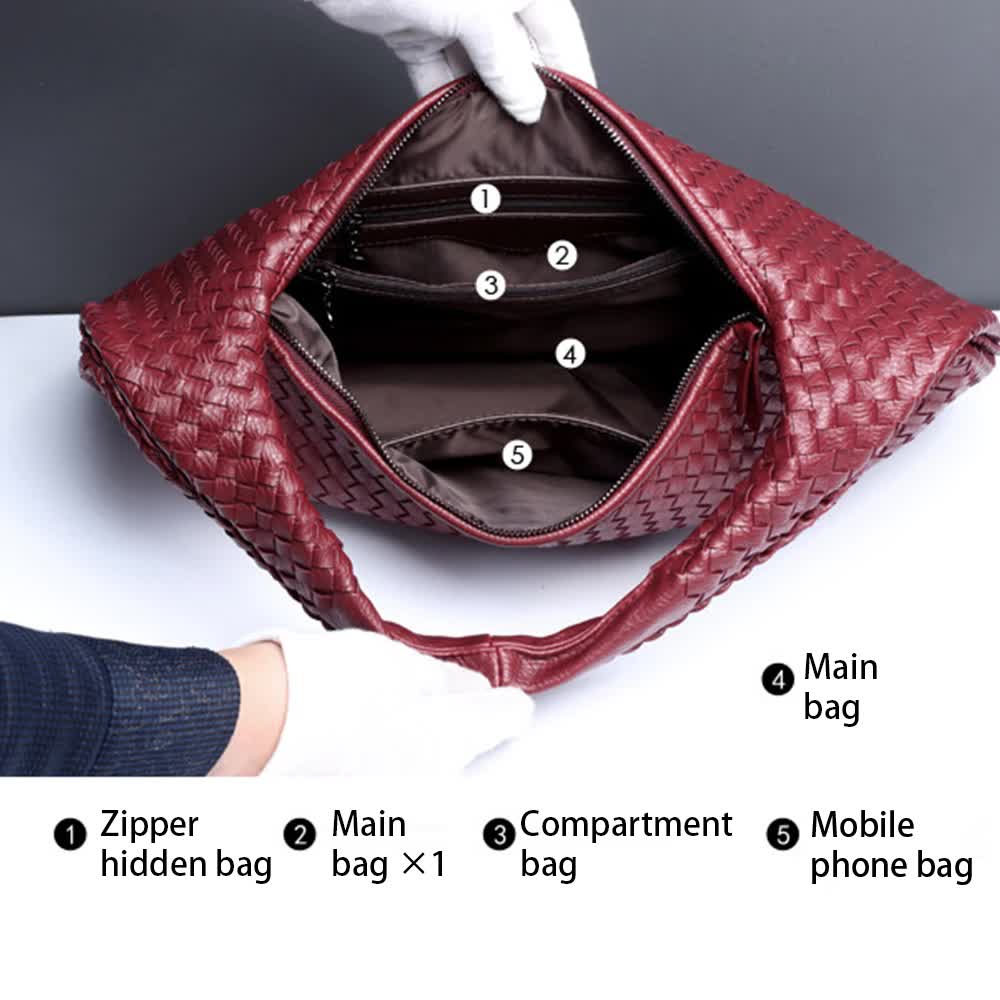 NNEDSZ Army Green Elegant Woven PU Leather Hobo Bag - Stylish Large-Capacity Shoulder Handbag for Women-3