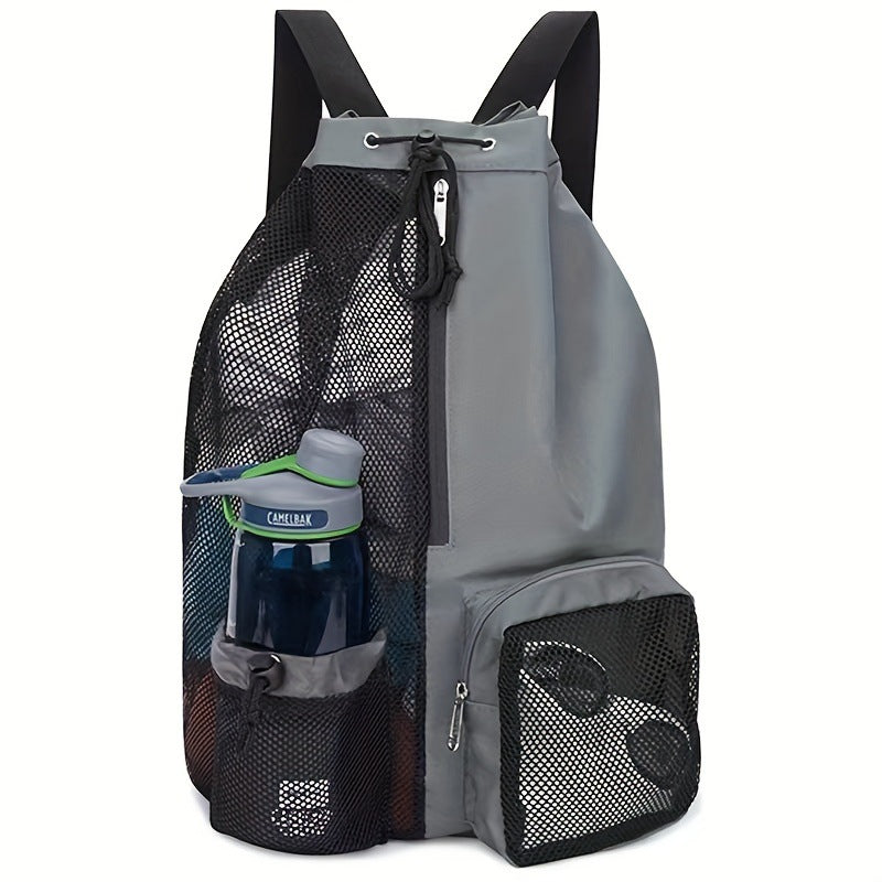 Grey Mesh Drawstring Swim Backpack with Wet Pocket - Lightweight Beach, Gym, Outdoor Sports Bag - 245g-0