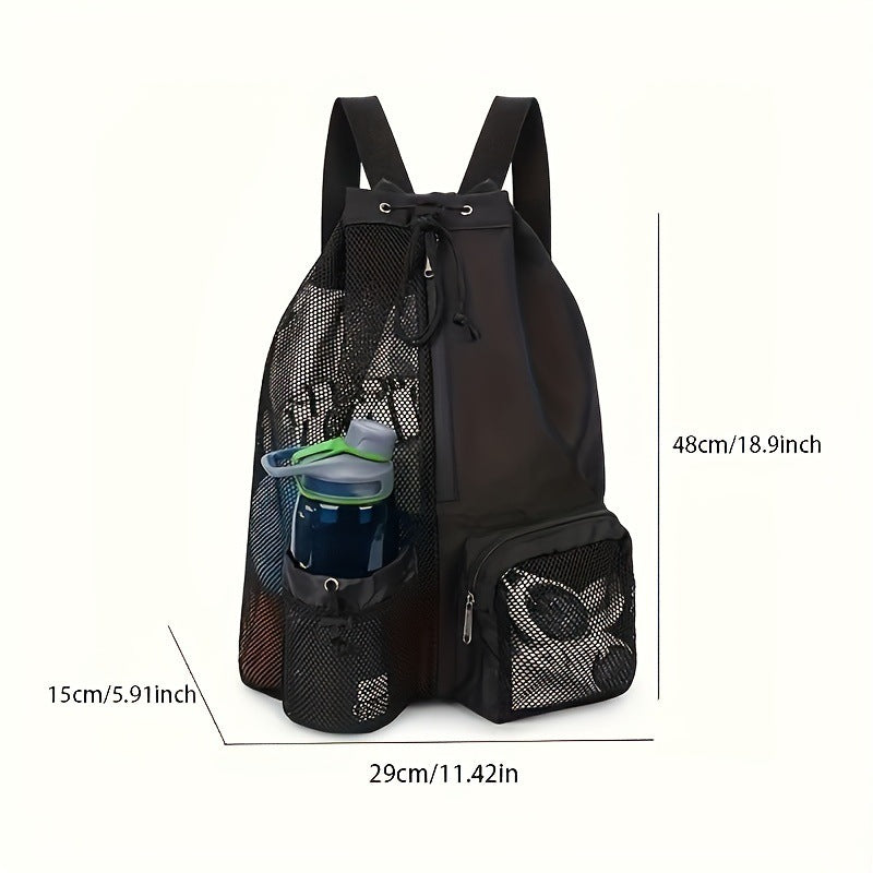 Grey Mesh Drawstring Swim Backpack with Wet Pocket - Lightweight Beach, Gym, Outdoor Sports Bag - 245g-3