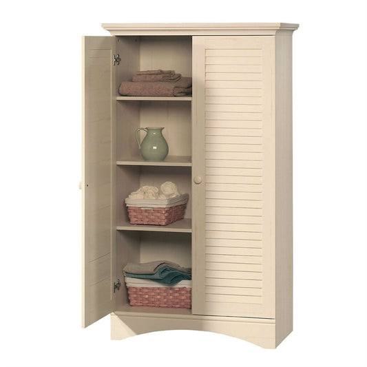 Antique White Finish Wardrobe Armoire Storage Cabinet with Louver Doors-0