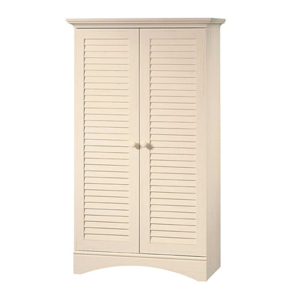 Antique White Finish Wardrobe Armoire Storage Cabinet with Louver Doors-1