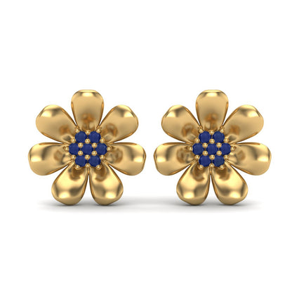 Blue Sapphire 0.40 Ct Round Floral Stud Earrings -14k Yellow Gold-0