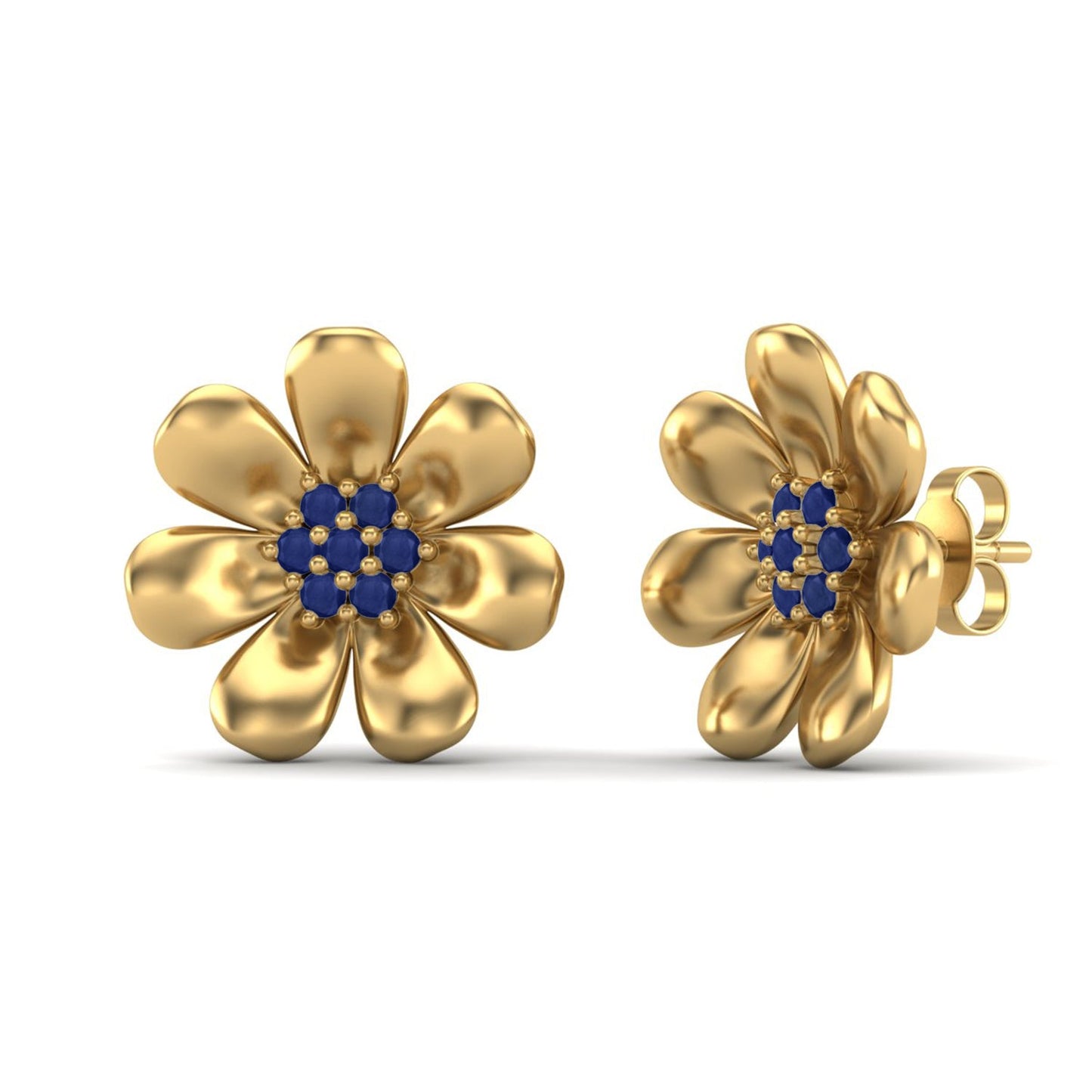 Blue Sapphire 0.40 Ct Round Floral Stud Earrings -14k Yellow Gold-3