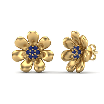 Blue Sapphire 0.40 Ct Round Floral Stud Earrings -14k Yellow Gold-3