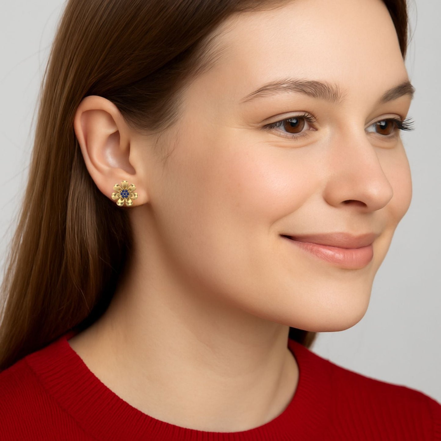 Blue Sapphire 0.40 Ct Round Floral Stud Earrings -14k Yellow Gold-1