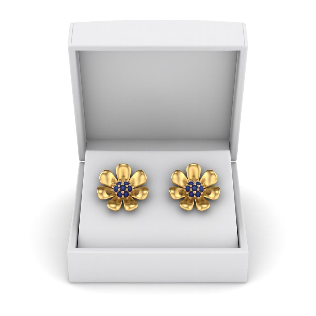 Blue Sapphire 0.40 Ct Round Floral Stud Earrings -14k Yellow Gold-2
